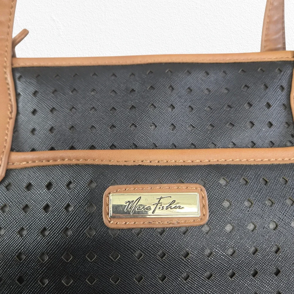 Marc Fisher Black Tan Perforated Tote Bag Zip Shoulder Purse Large Shopper Bag